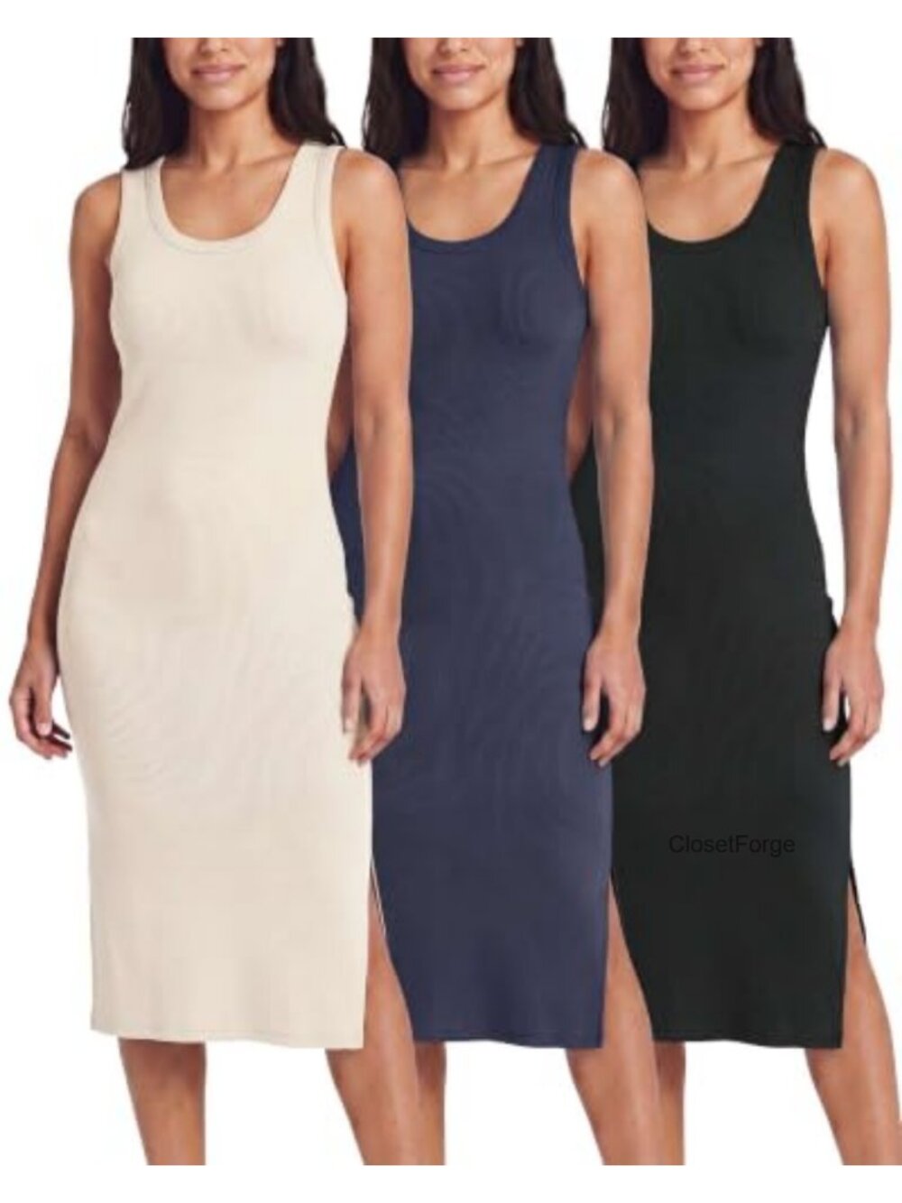3 Pack Midi Dresses Sleeveless Tank Casual Long Beach Sundress Slit Soft Knit